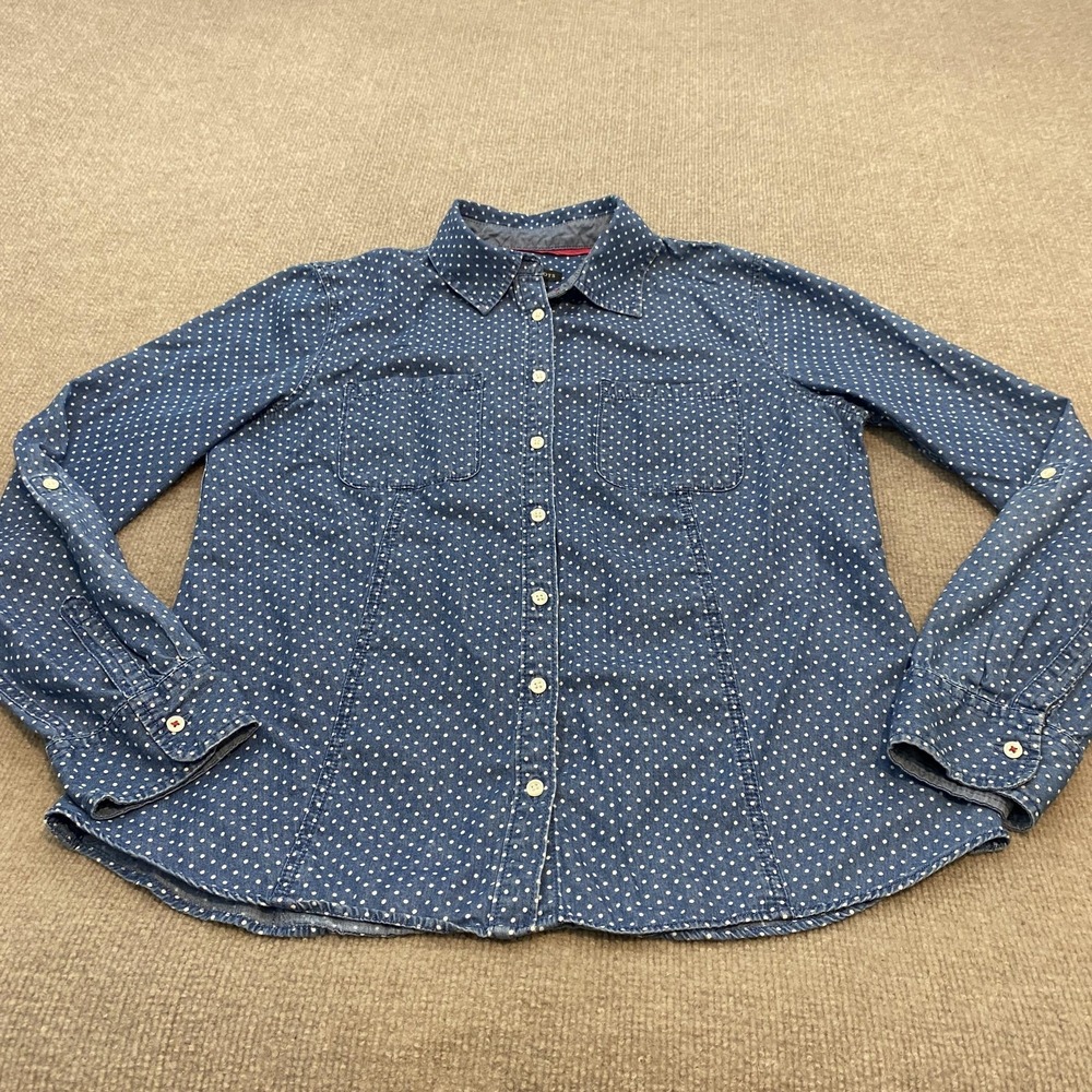 Talbots Shirt Womens 12 Blue Chambray Polka Dot Button Front Long Sleeve‎ Top
